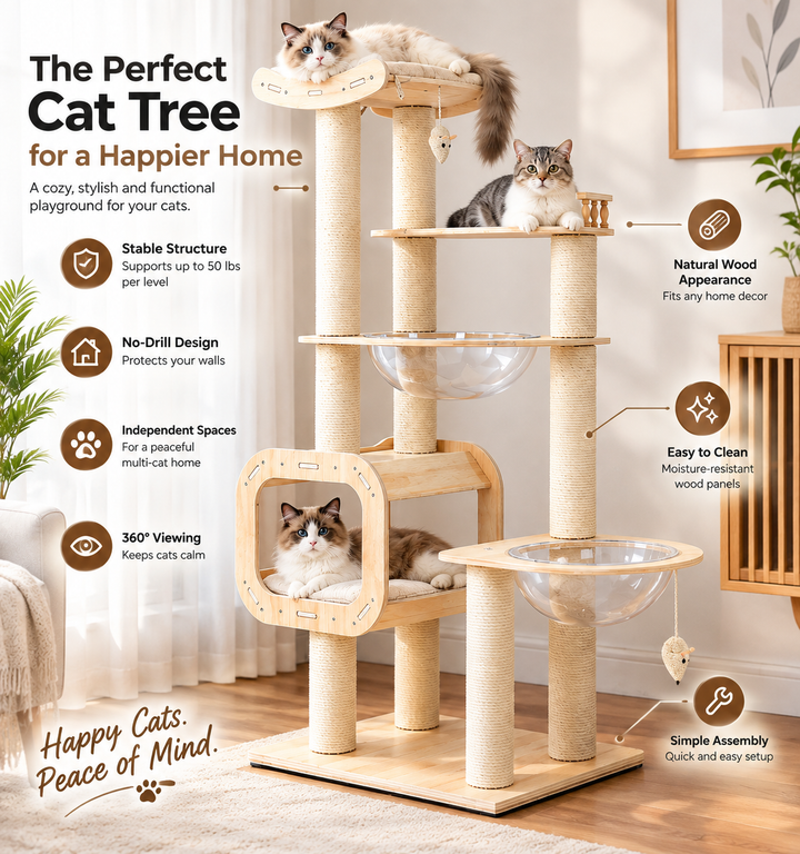 Wooden Cat Tree with Condos and Viewing Pods