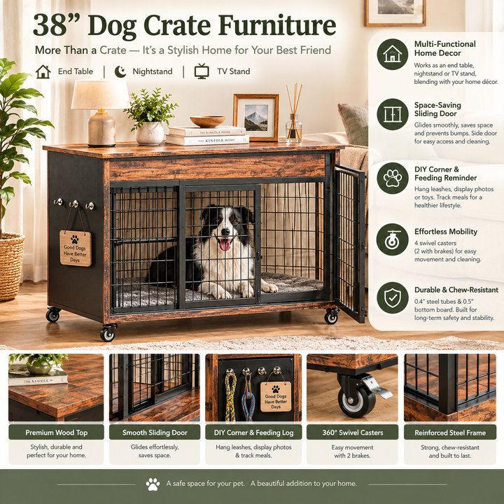 38 Inch Large Dog Crate Furniture, Wooden Indoor Kennel and End Table