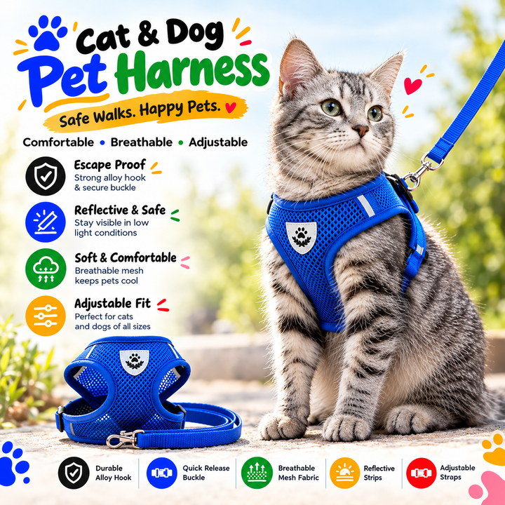 Adjustable Cat &amp;amp; Dog Comfort Harness with Leash